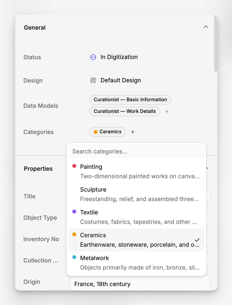 Museum management software interface for applying labels and categories to records