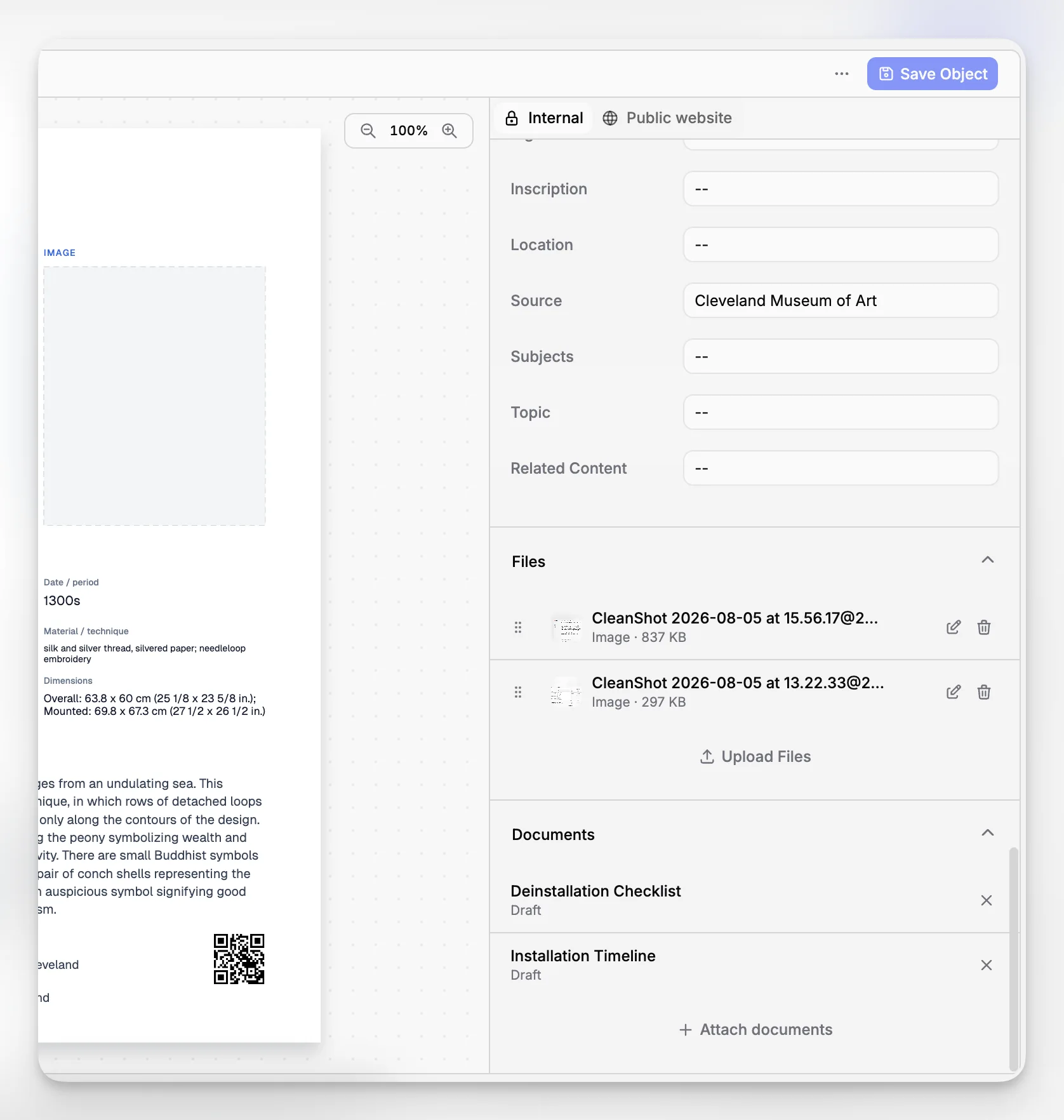 Interface showing linked records, files, or related documentation in collections software