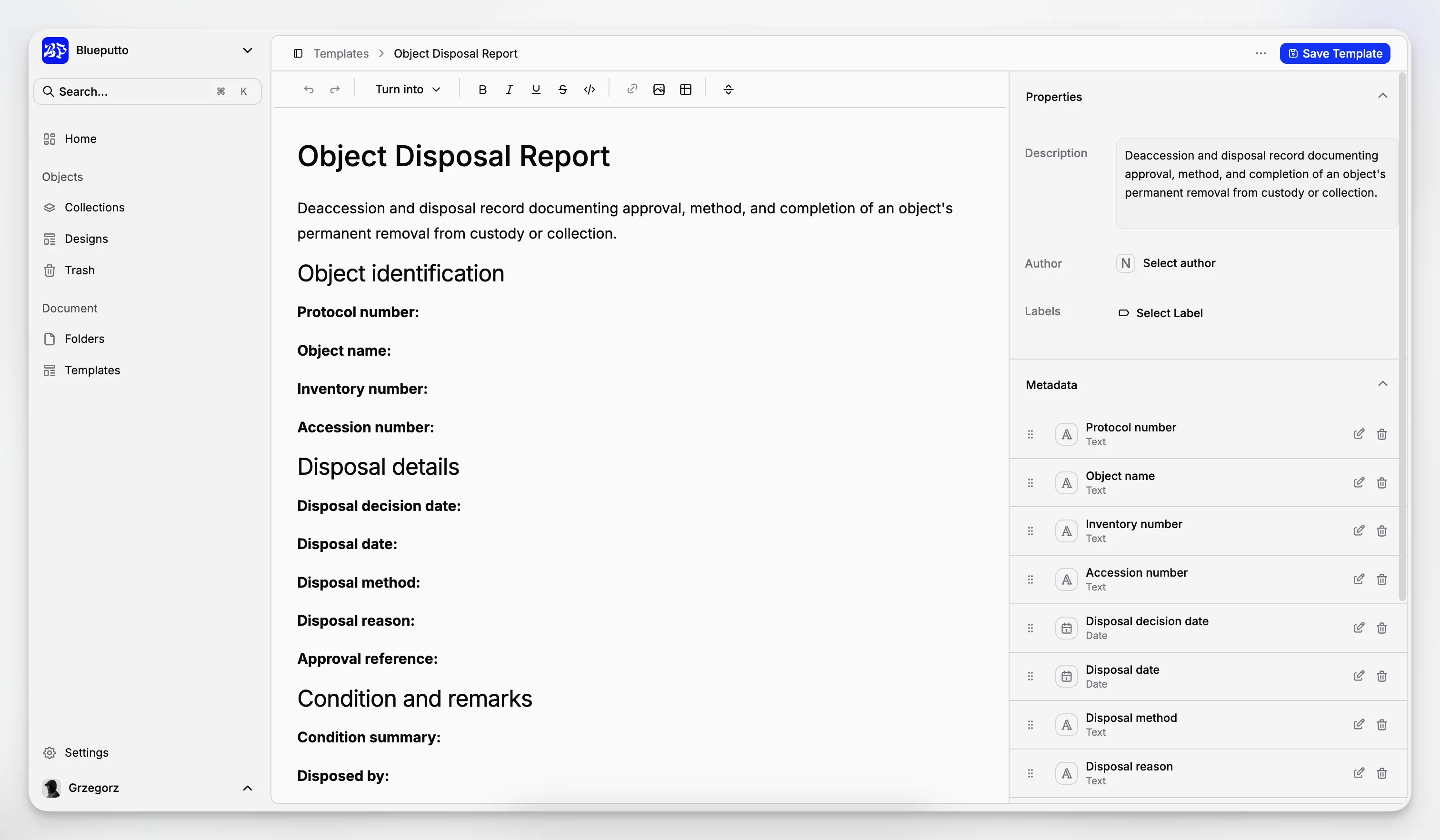 Document type settings and metadata fields for reports, acquisition forms, rights files, and research notes