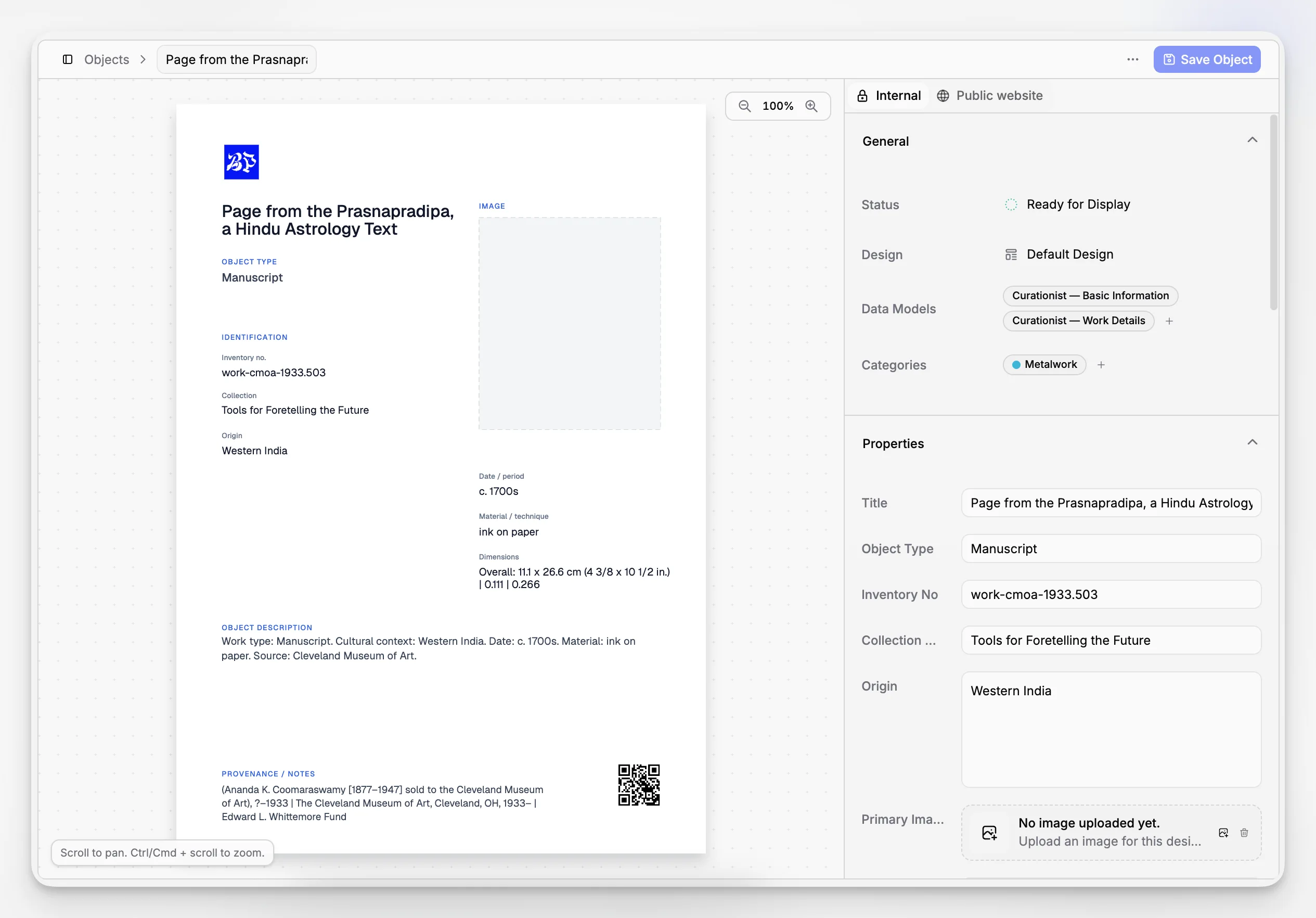 Gedetailleerde editor voor objectregistraties met velden voor identificatoren, notities, status en gekoppelde documentatie