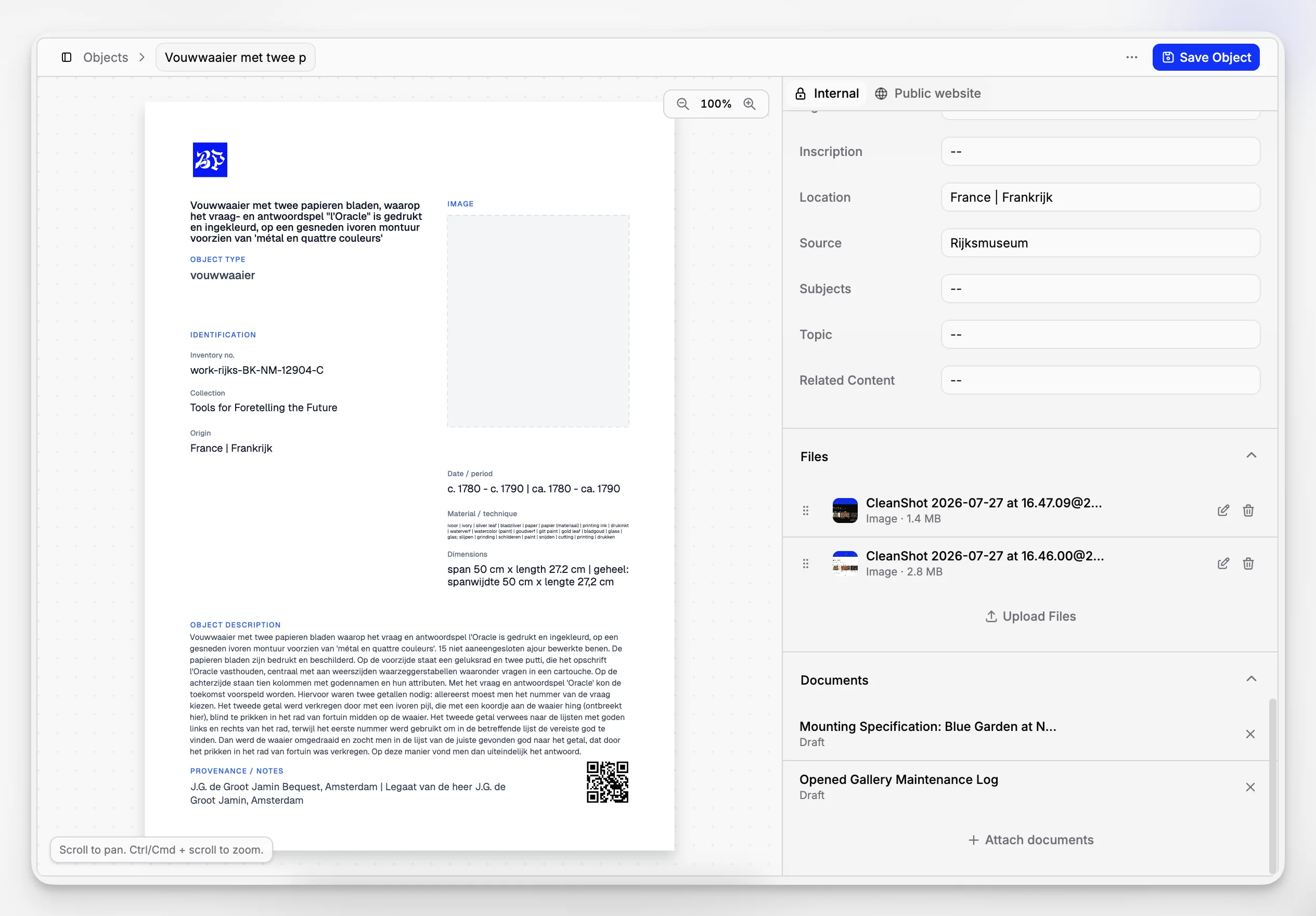 Blueputto application screen showing linked files and documentation attached to museum records