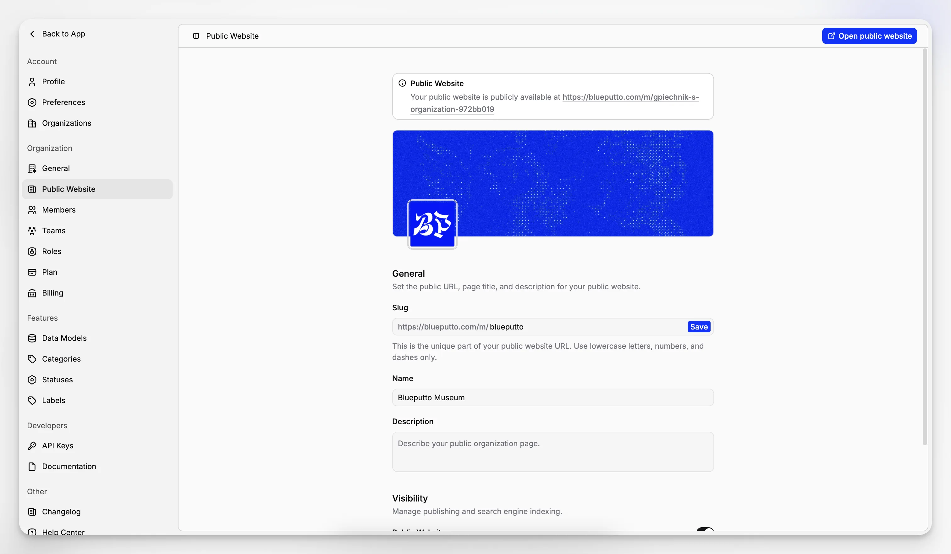 Blueputto settings for an organization's public website.