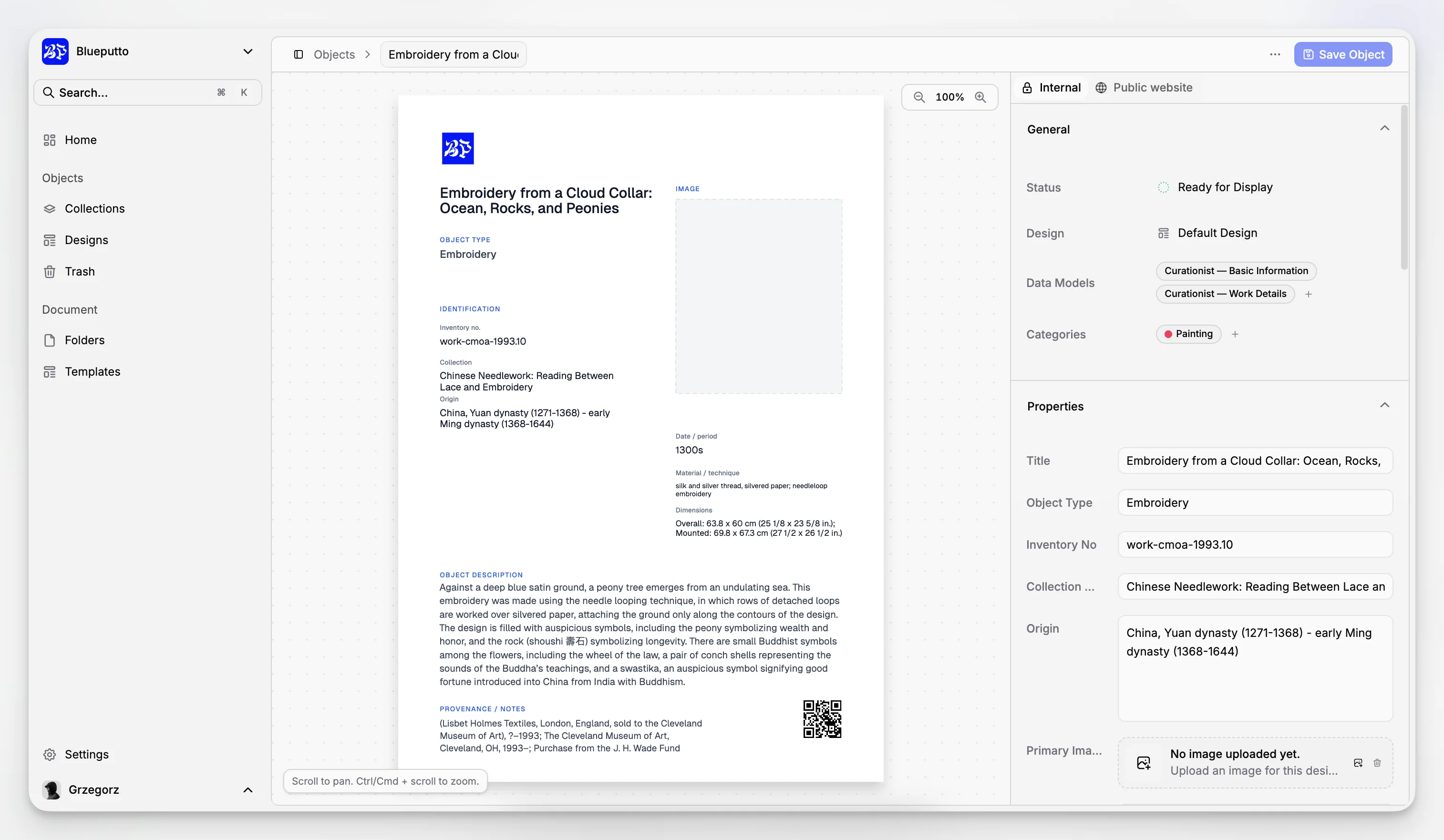 Cataloging form with structured object fields in a collection cataloging system