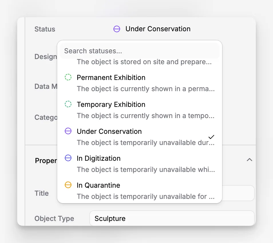Écran de suivi des emplacements de l’application Blueputto pour les objets de musée et les zones de stockage