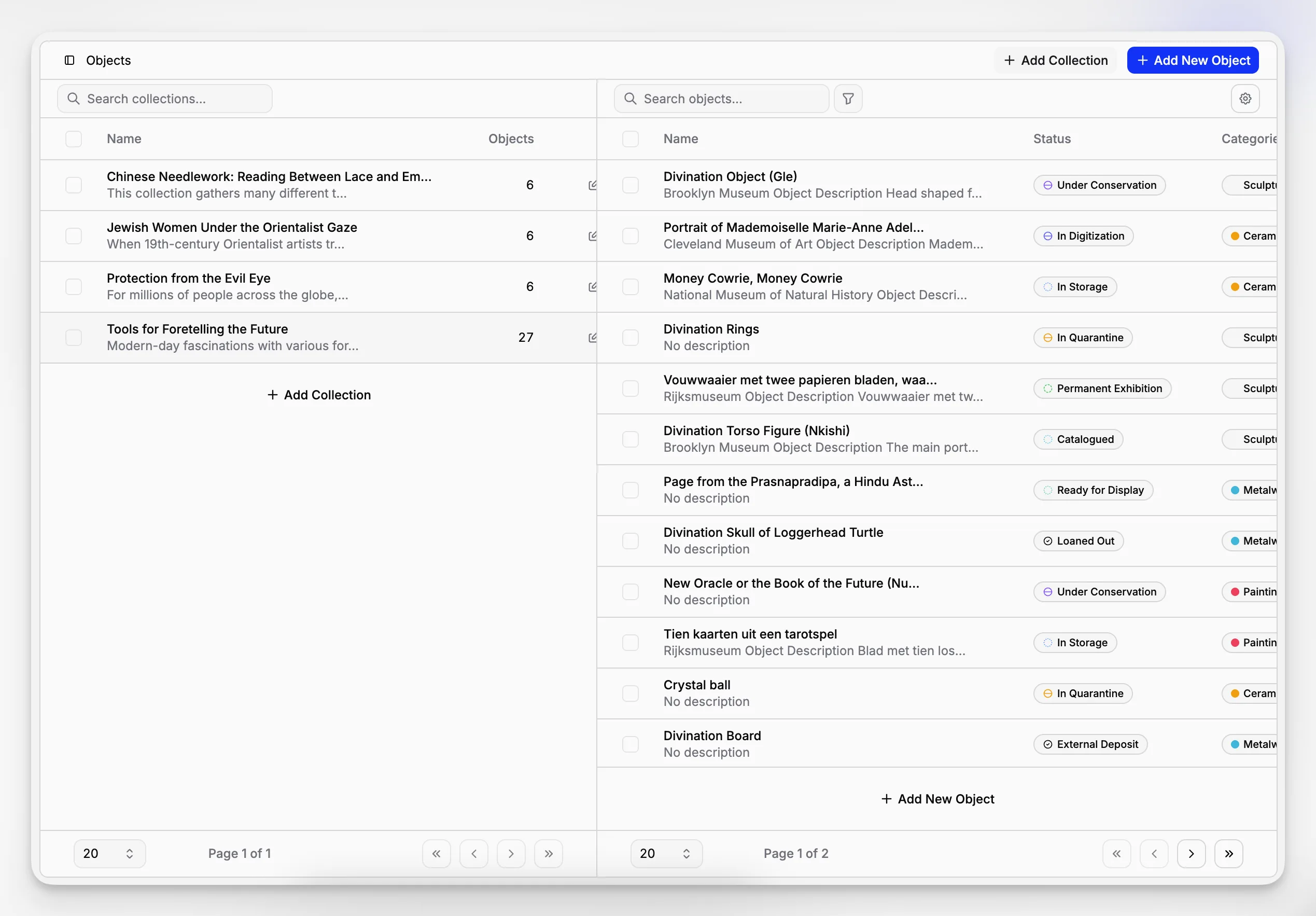 Dashboard view for tracking collection records, archives, and active documentation workflows