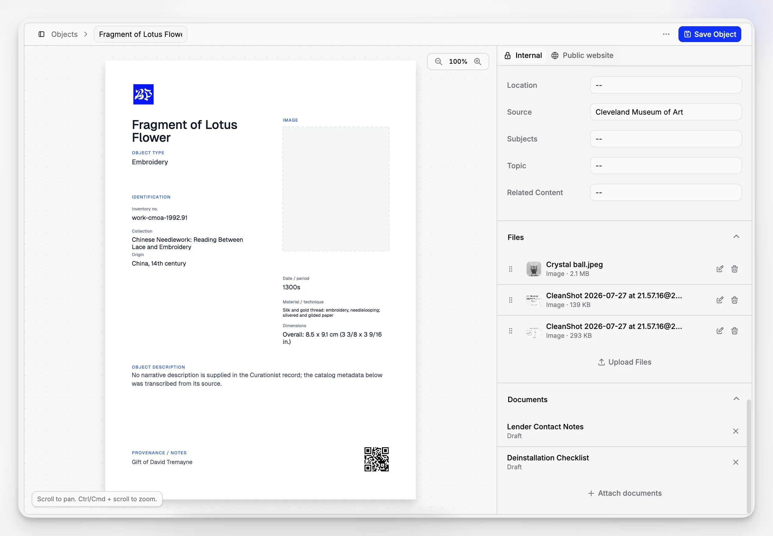 Object record showing attached files, catalog data, and supporting documentation in a collections database