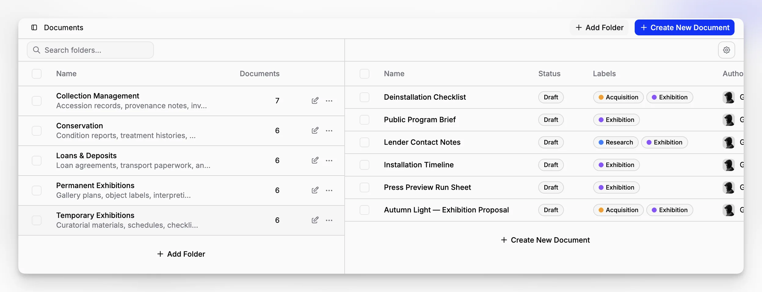 Overview of collection records, recent activity, and searchable documentation in a museum management software workspace