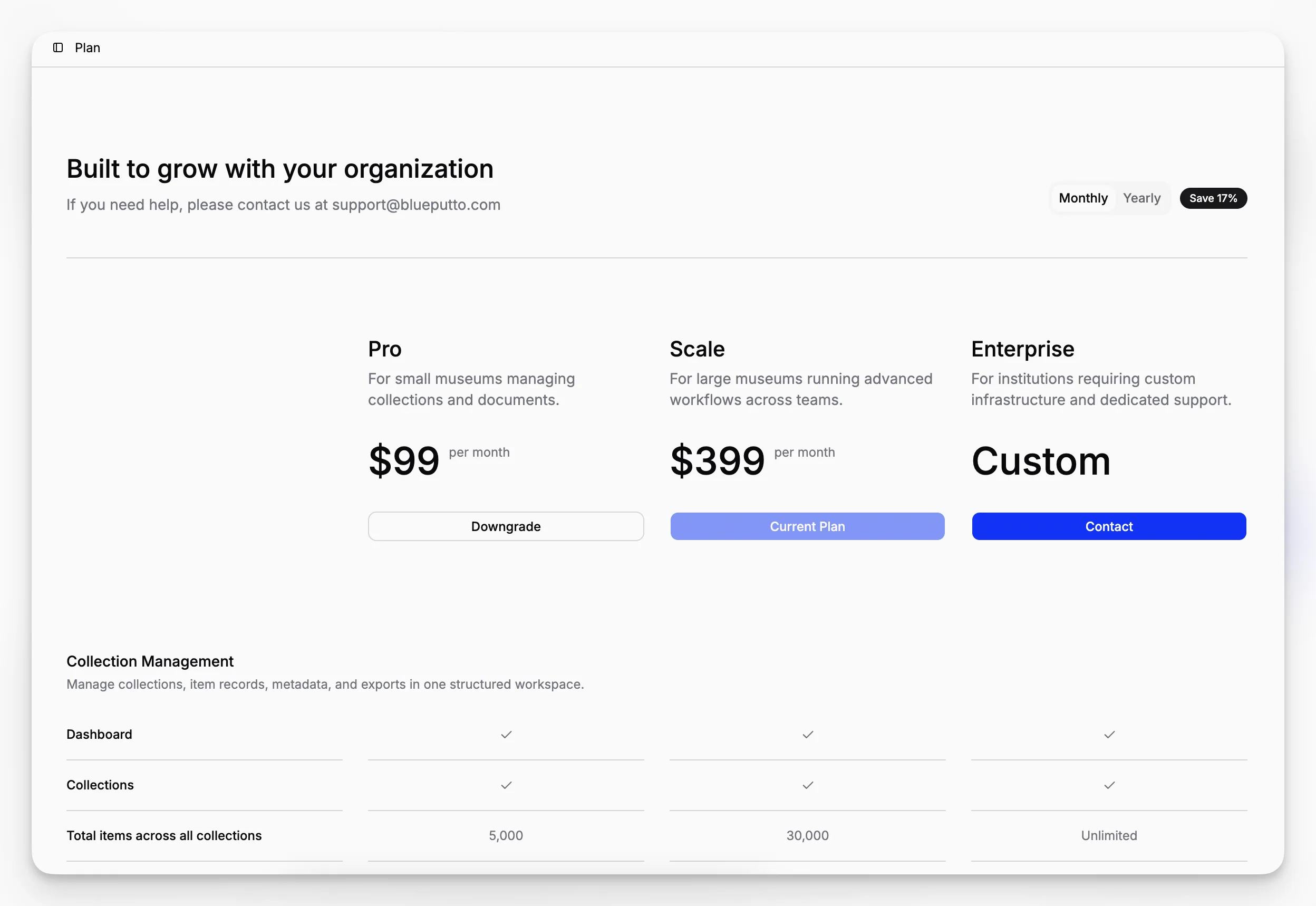 Blueputto-Einstellungsseite für Organisationen mit mehreren Workspaces, Plan-Badges und Zeilenaktionen.