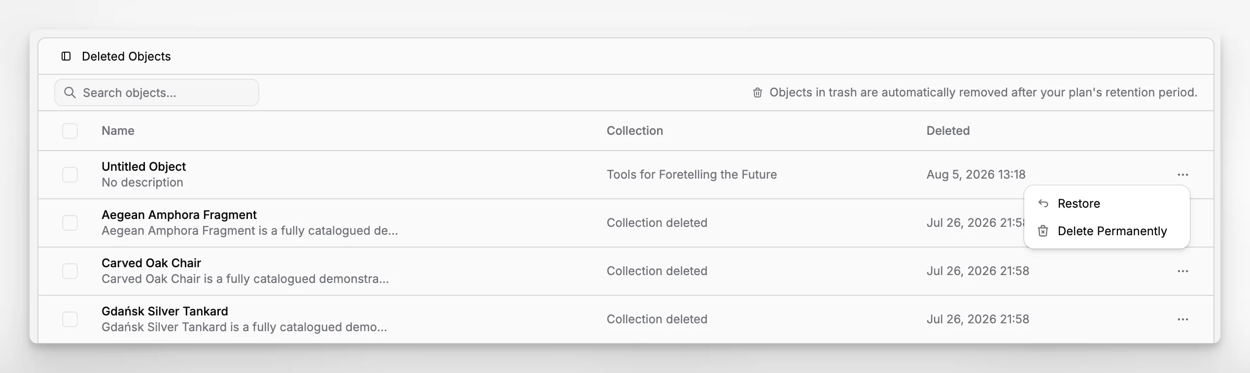 Record archive and restore workflow for completed or inactive collection documentation