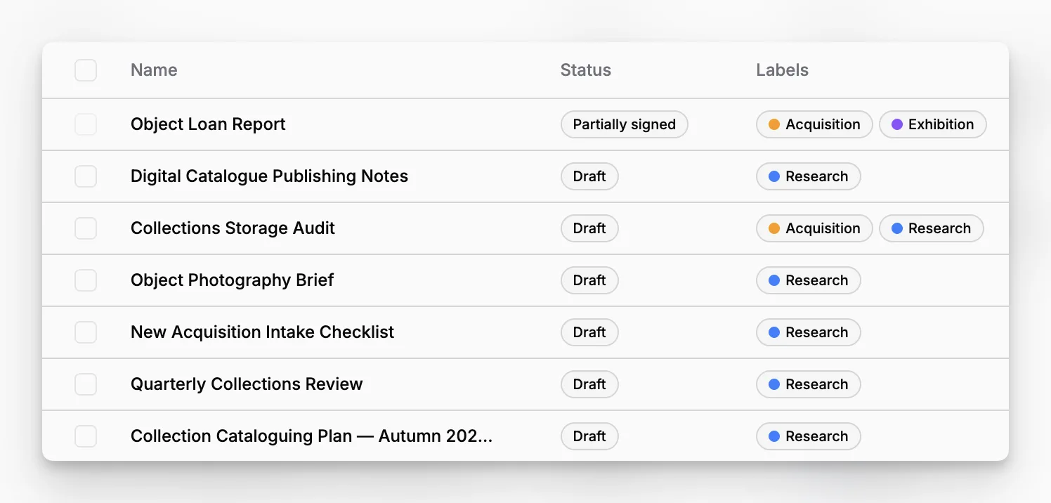 Blueputto documents list view for browsing and filtering museum documentation across collections