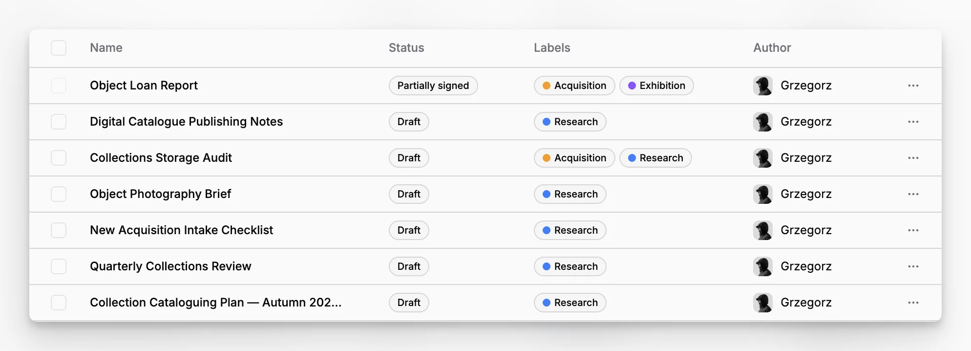 Blueputto collections screen organizing records into named collections for museum documentation management