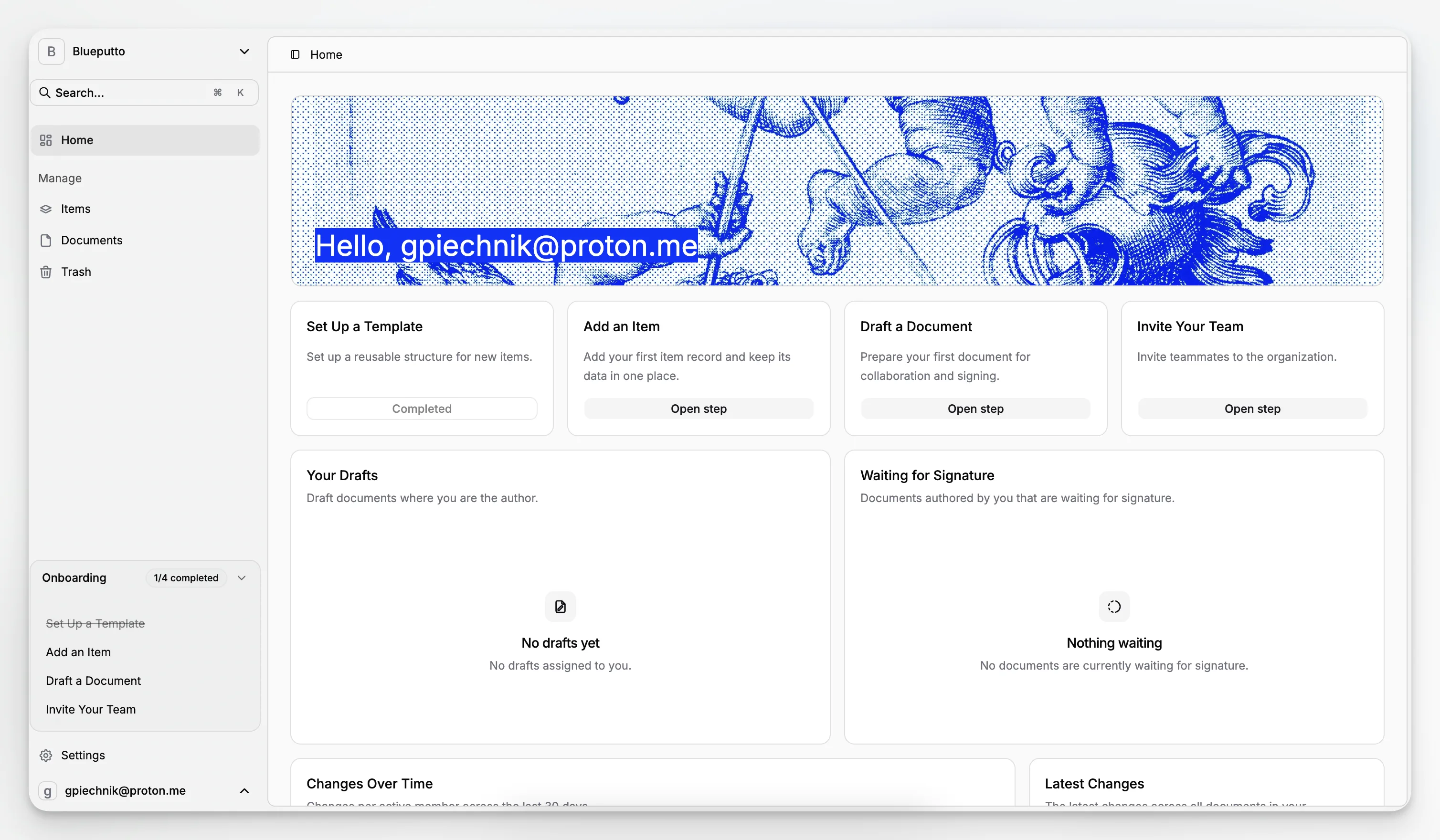 Blueputto Home dashboard showing the greeting banner, onboarding checklist, and personal document queues.