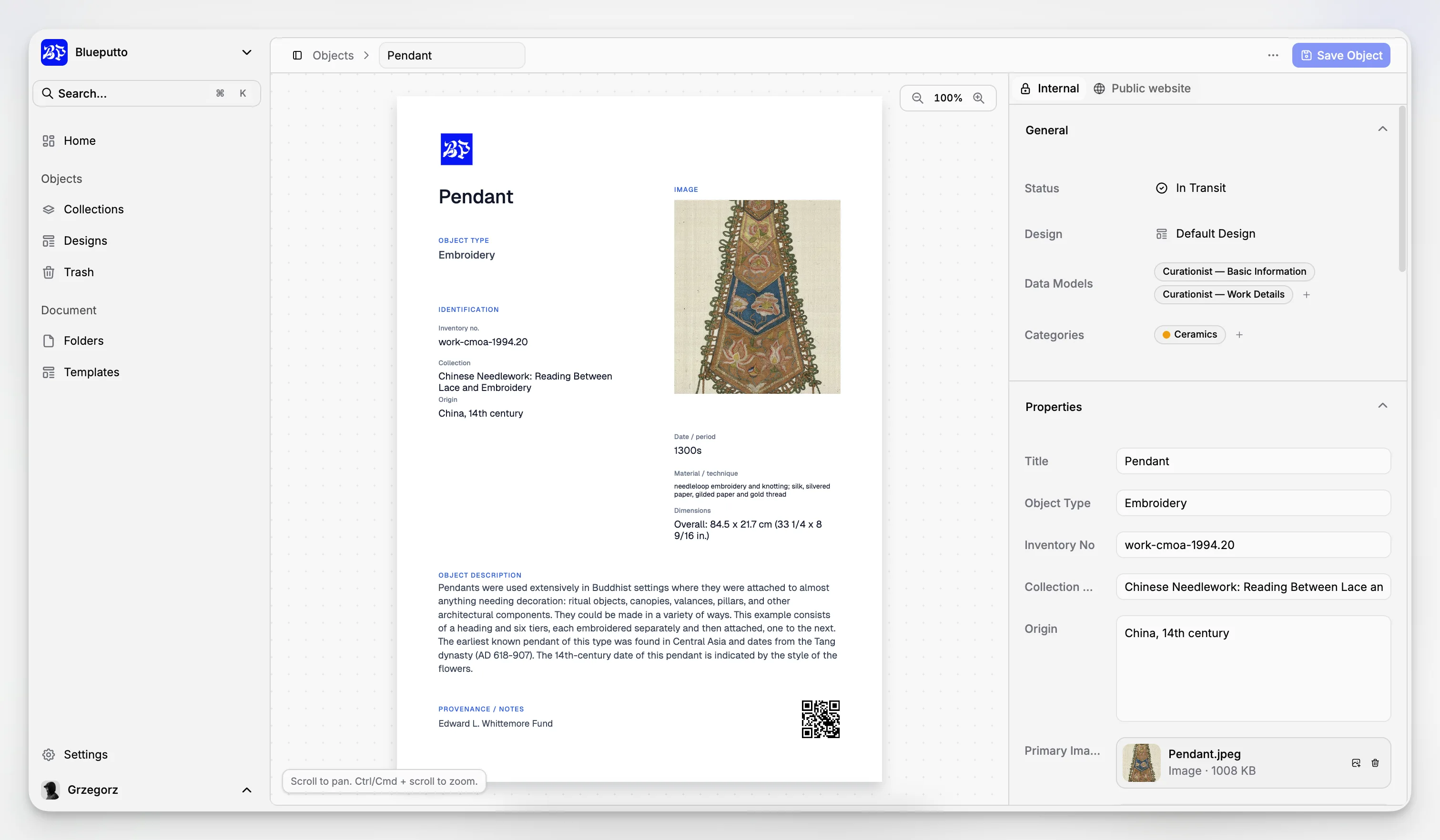 Detailed object record with fields for museum documentation, provenance notes, and attached files