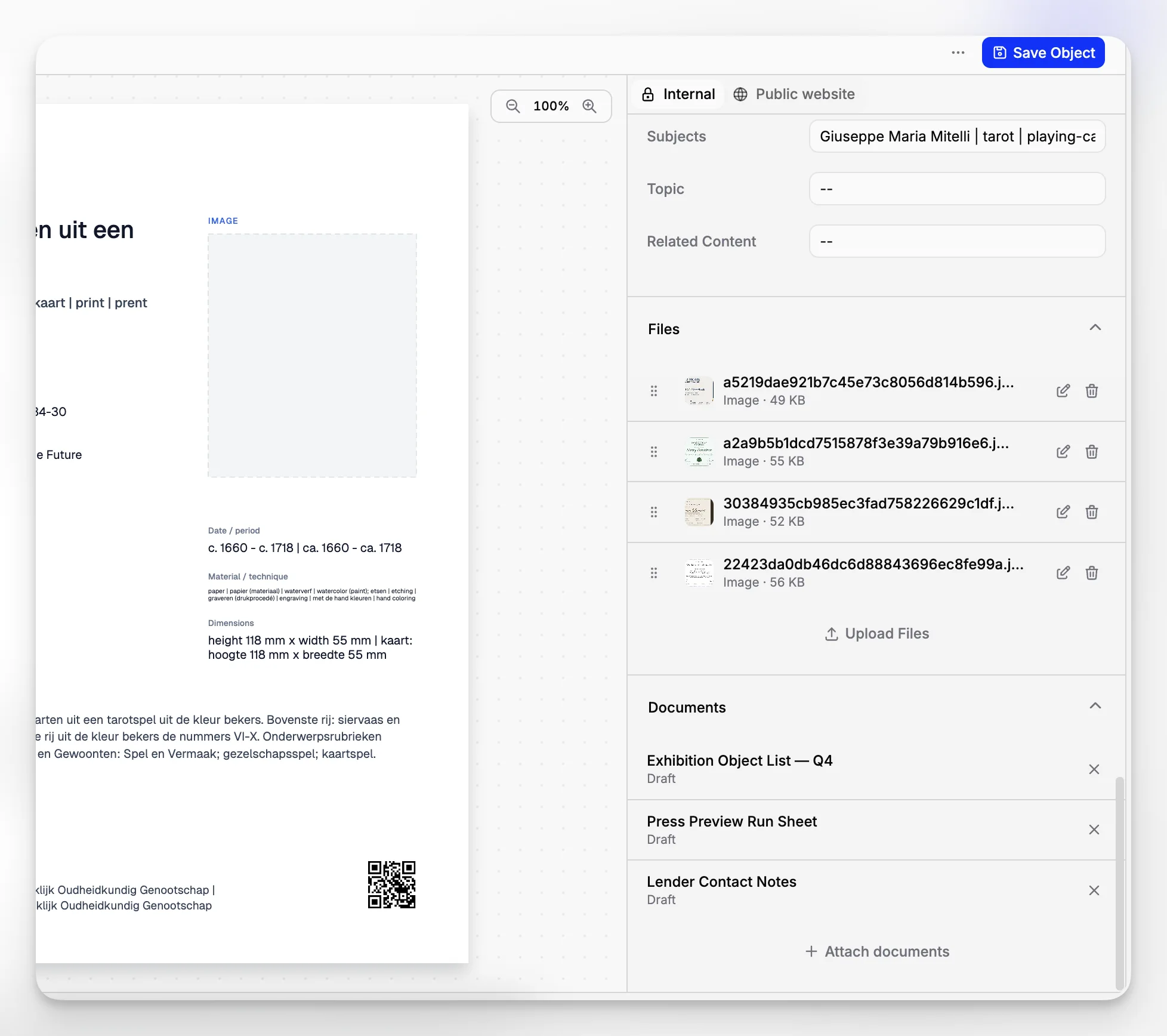 Blueputto application screen with navigation between related collection records, documents, and archive entries