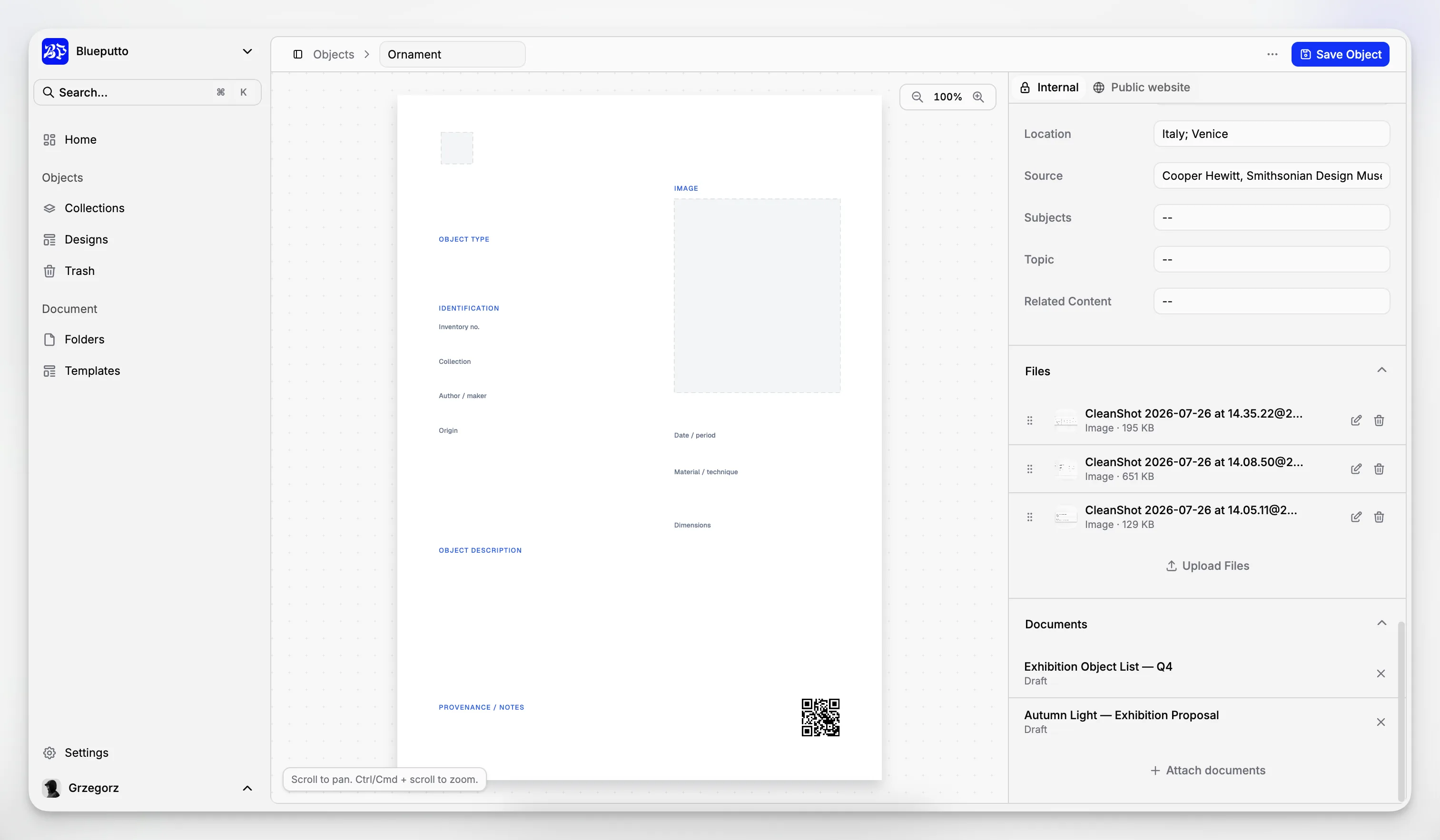 Blueputto application view showing related records, media, and documentation connected to a central item
