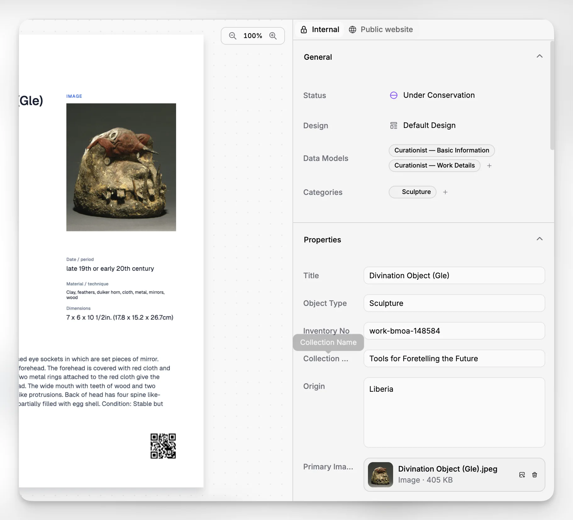 Blueputto-scherm met gestructureerde inhoudsvelden voor collectierecords en museummetadata