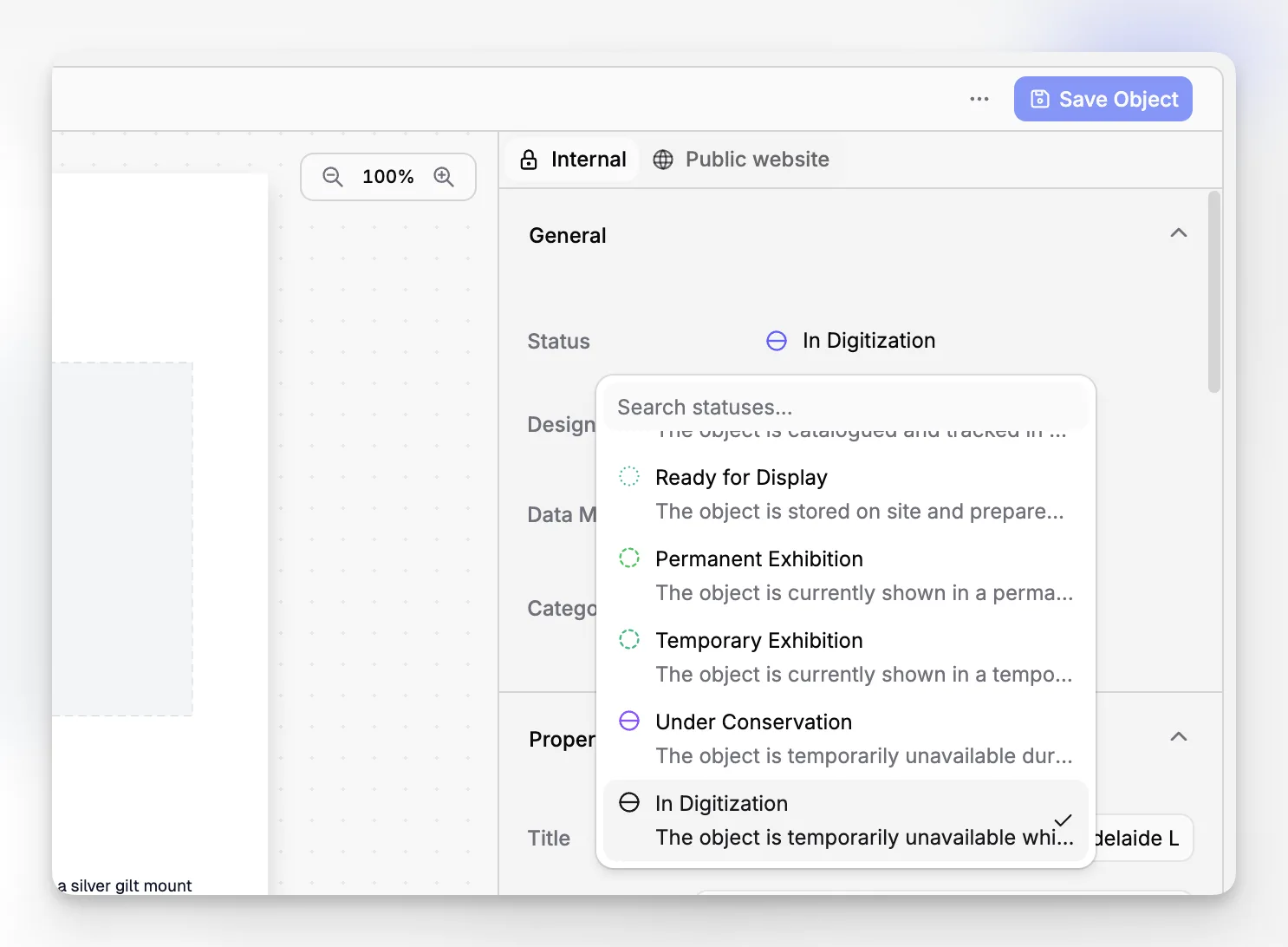 Collections documentation tool showing record statuses across workflow stages