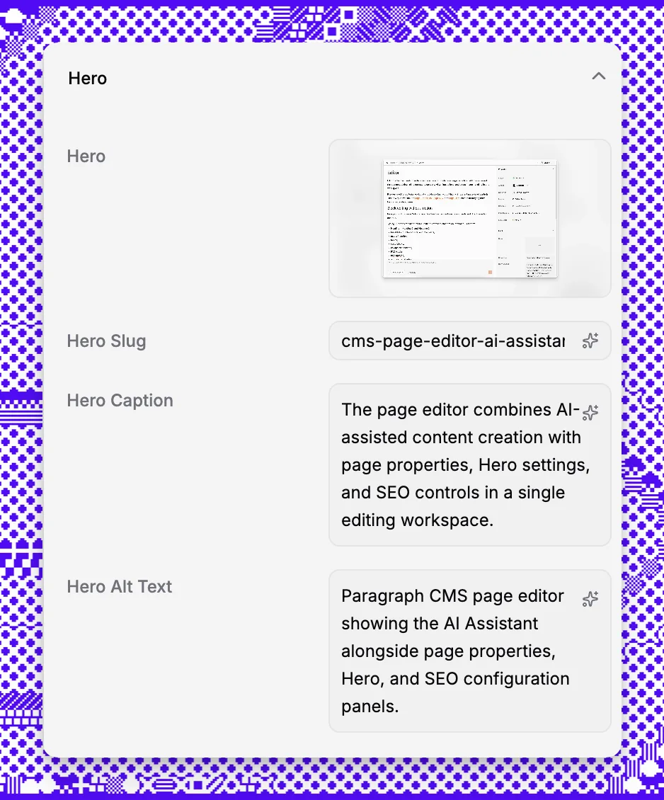 Paragraph CMS page hero settings with image and metadata fields