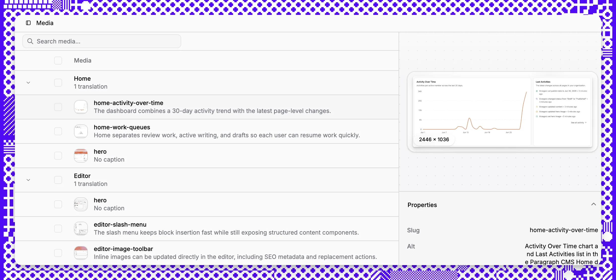 Paragraph CMS media library for managing images and asset metadata