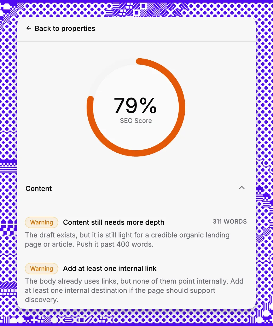 Paragraph CMS SEO analytics and score reporting interface