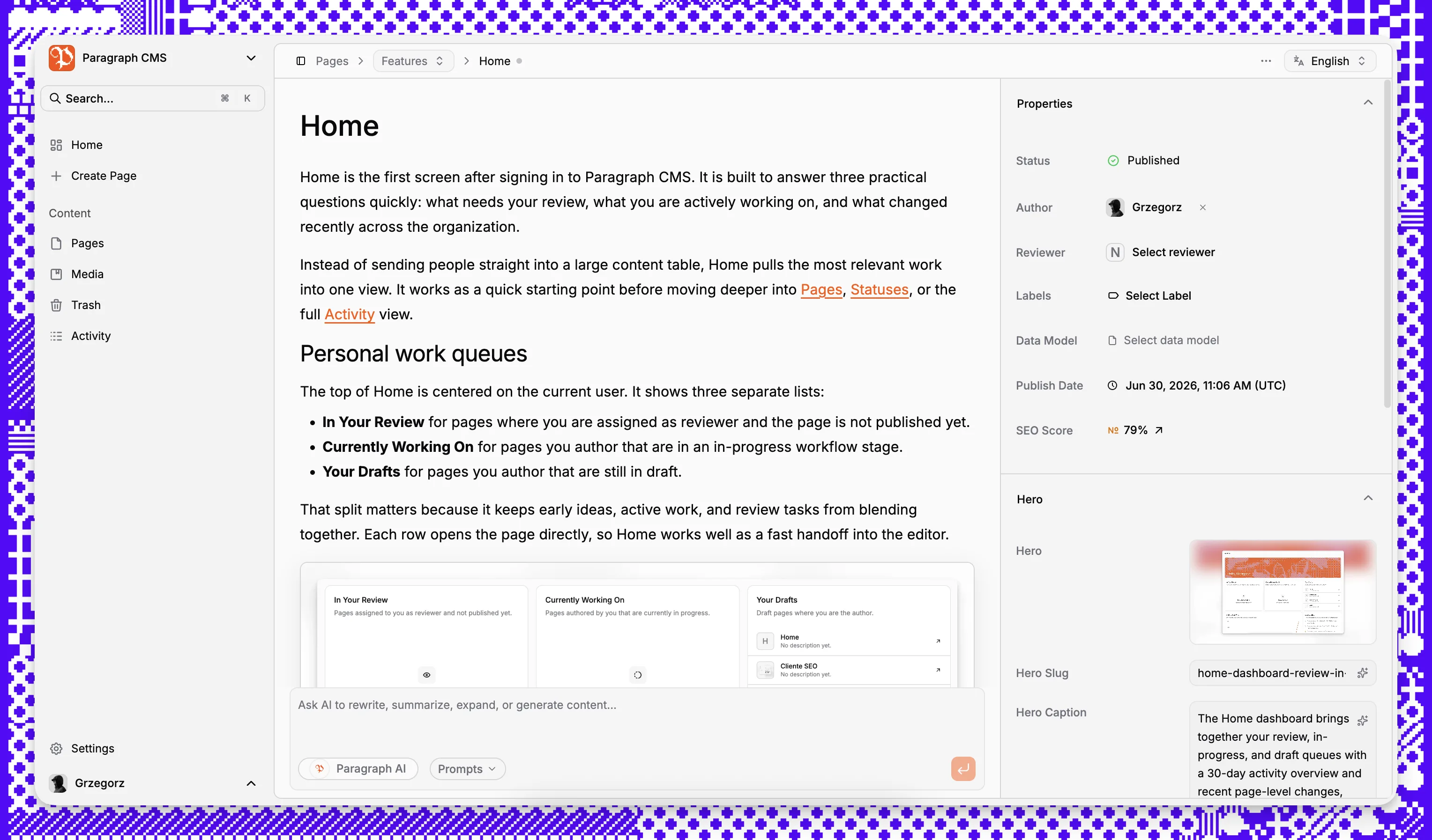 Paragraph CMS editor for drafting and revising structured page content
